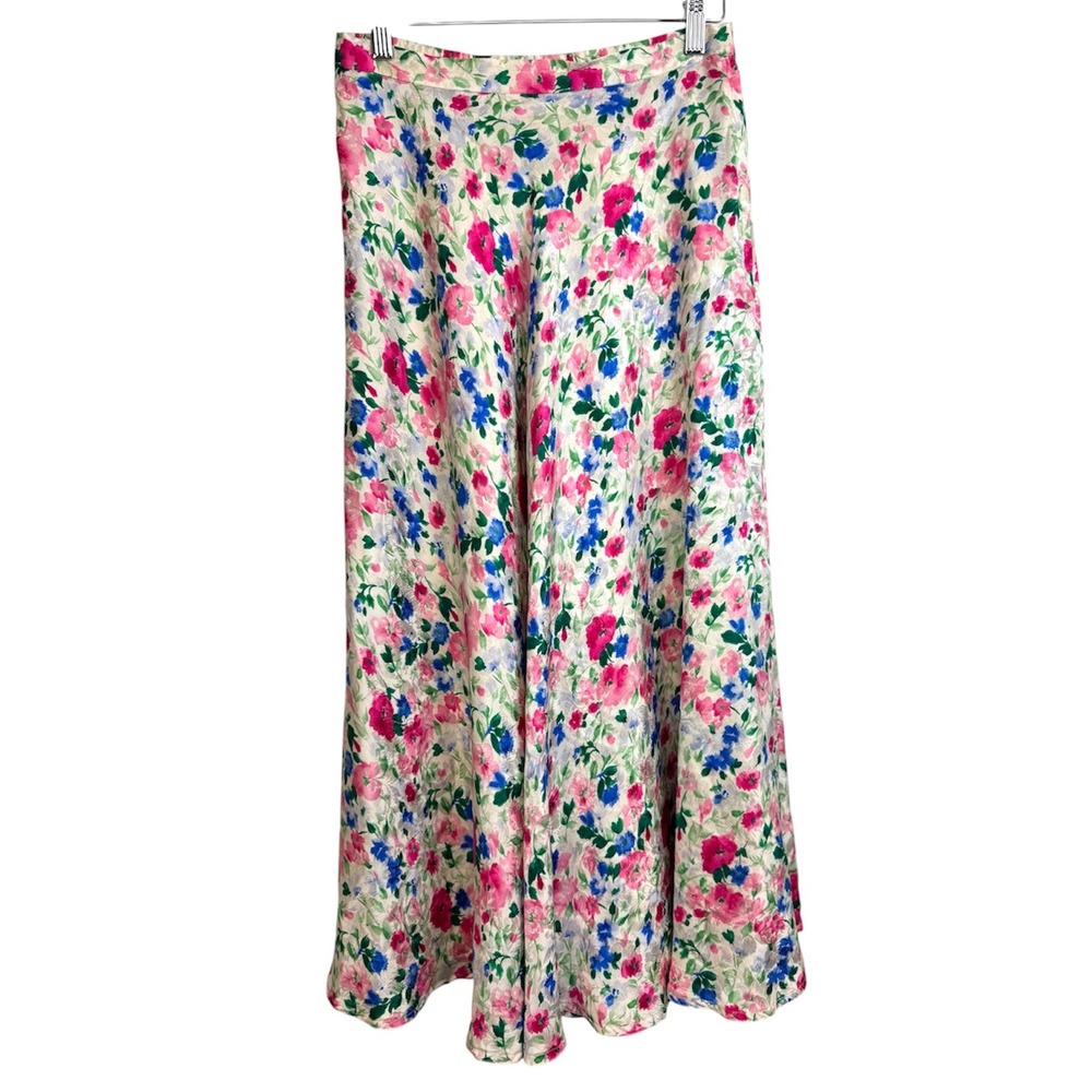 Vintage 100% Silk Floral Maxi Skirt Pink Blue Jacquard Damask A-Line Size 8